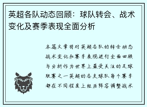 英超各队动态回顾:球队转会、战术变化及赛季表现全面分析 英超各队动态回顾:球队转会、战术变化及赛季表现全面分析