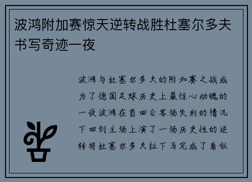 波鸿附加赛惊天逆转战胜杜塞尔多夫书写奇迹一夜