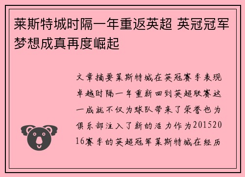 莱斯特城时隔一年重返英超 英冠冠军梦想成真再度崛起 莱斯特城时隔一年重返英超 英冠冠军梦想成真再度崛起